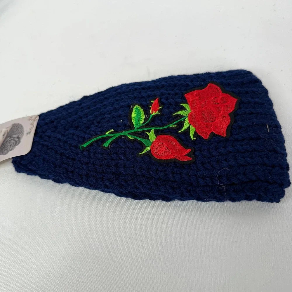 Navy Blue Cable Knit Rose Embroidered Headband Ear Warmer WT-510R New
